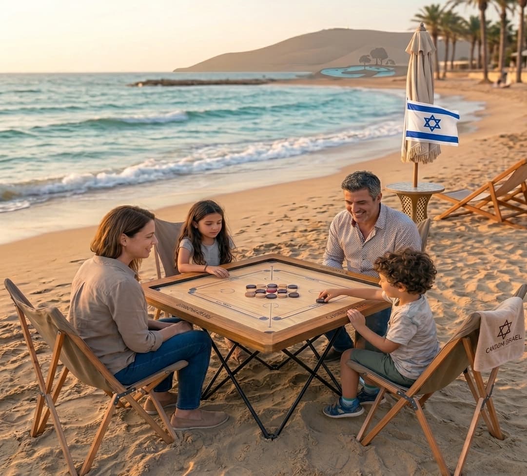 משפחה משחקת קארום על החוף בשקיעה