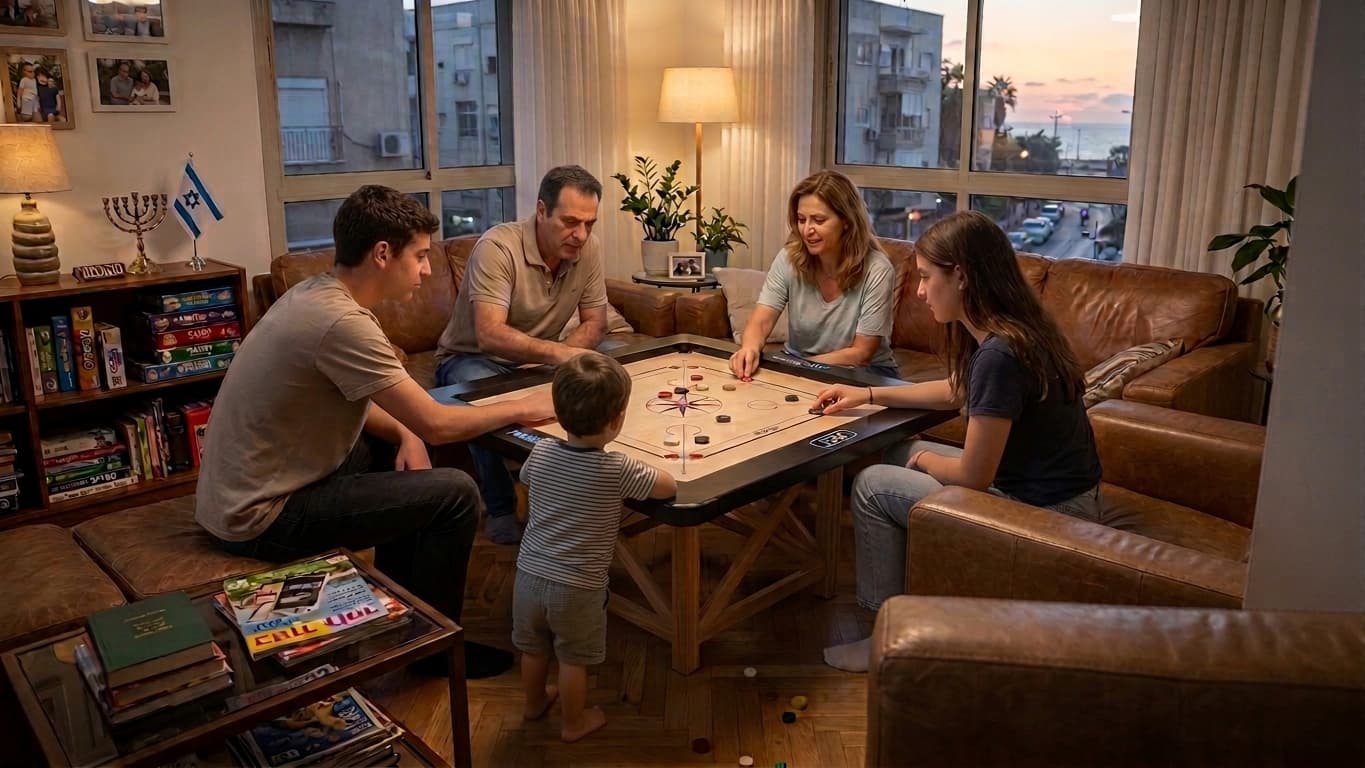 משפחה משחקת קארום בסלון