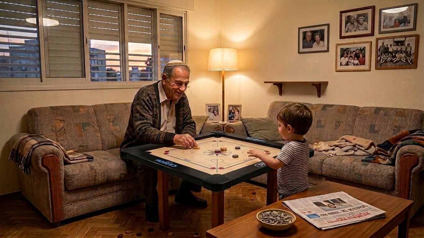 סבא משחק קארום עם נכדו בסלון