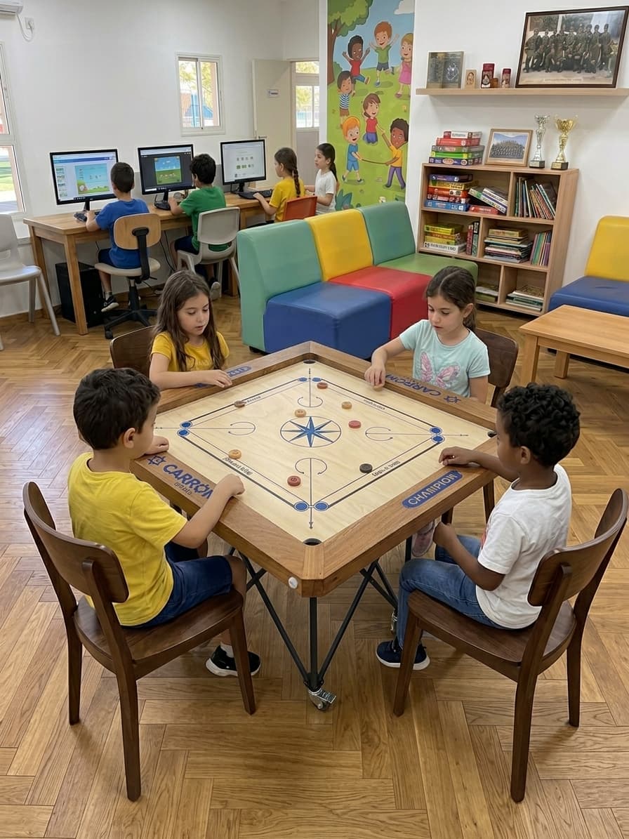 ילדים משחקים קארום בחדר החוגים של בית הספר