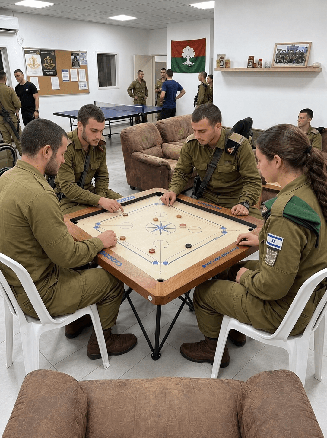 חיילים משחקים קארום במועדון היחידה